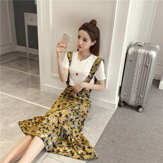 Set: Short-sleeve T-shirt + Suspender Midi Skirt