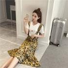 Set: Short-sleeve T-shirt + Suspender Midi Skirt