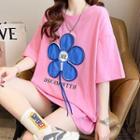 Elbow-sleeve Flower Accent Oversized T-shirt