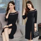 3/4-sleeve Perforated Party Dress
