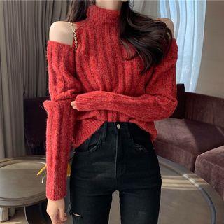 Cutaway-shoulder Turtleneck Knit Top