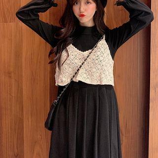 Long-sleeve Pleated Plain Ruffled T-shirt Dress / Crochet Vest