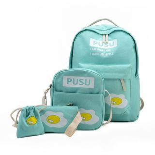 Set Of 4: Egg Print Canvas Backpack + Crossbody Bag + Zip Pouch + Drawstring Pouch