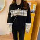 Plaid Panel Polo-neck Pullover As Shown In Figure - One Size