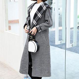Hooded Plaid Open Front Coat