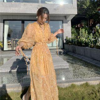 Long-sleeve Printed Cut-out Maxi A-line Dress
