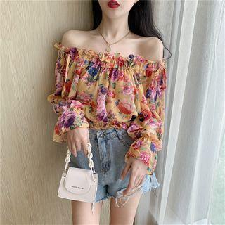 Boatneck Bell-sleeve Floral Crop Top