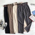 Plain Roll-up High-waist Cropped Pants With Belt
