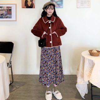Single-breasted Coat / Floral-pattern Midi A-line Skirt