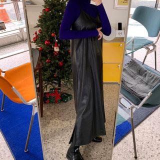 Spaghetti-strap Slit-side Pleather Maxi Dress