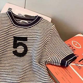Elbow-sleeve Numbering Striped Knit Top Stripe - Black & White - One Size
