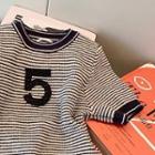 Elbow-sleeve Numbering Striped Knit Top Stripe - Black & White - One Size