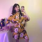 Floral Elbow-sleeve Shirt Dress As Shown In Figure - One Size