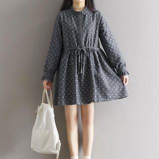 Frilled Stand Collar Patterned A-line Dress