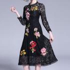 Flower Embroidered Midi A-line Lace Dress