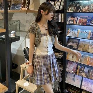 Spaghetti-strap Plaid Mini A-line Dress / Short-sleeve Cardigan