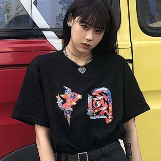 Chinese Character Print Short-sleeve T-shirt Black - One Size