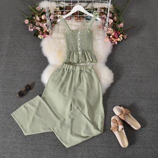 Set: Shirred Peplum Camisole Top + Wide Leg Pants