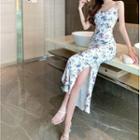 Spaghetti Strap Slit-hem Floral Print Midi A-line Dress