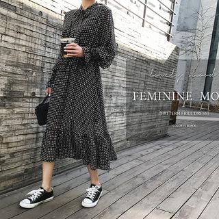 Tie-neck Patterned Long Shirtdress