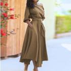 Elbow-sleeve Off-shoulder Plain Midi A-line Dress