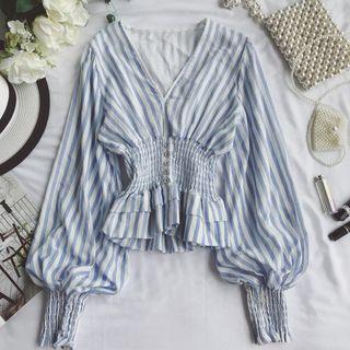 Balloon-sleeve Striped Smocked Blouse