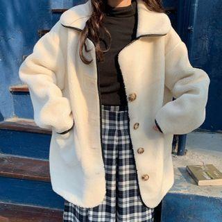 Faux Fur Button Jacket / Plaid Midi A-line Skirt