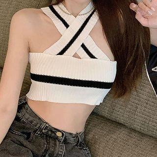 Color Block Cross Halter Crop Tank Top White - One Size