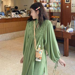 Balloon-sleeve Crinkle Panel Midi A-line Dress Green - One Size
