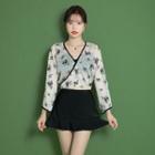 Set: Plain Bikini Top + Skirt + Long-sleeve Floral Cover-up Top