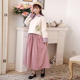 Set: Long-sleeve Mandarin Collar Embroidered Top + Midi A-line Skirt