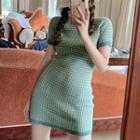 Gingham Short-sleeve Mini Knit Dress Green - One Size