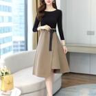 3/4-sleeve Two-tone Asymmetrical Midi A-line Dress