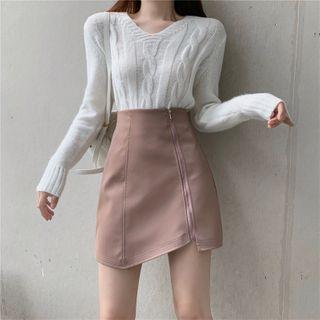 Asymmetric Faux-leather Zipper Mini Skirt