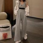 Moon Embroidered Cropped Tank Top / High-waist Wide-leg Pants / Striped Hooded Zip Jacket