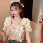 Crochet Knit Short-sleeve Blouse Almond - One Size