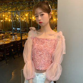 Long-sleeve Cold Shoulder Mesh Top