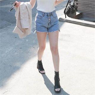 Cutaway-hem Washed Denim Shorts
