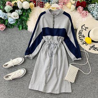 Long-sleeve Color Block Zip Placket A-line Dress