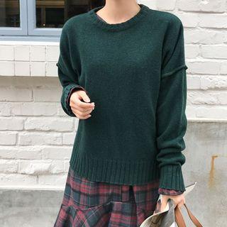 Seam Drop-shoulder Loose-fit Sweater Dark Green - One Size