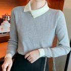Long-sleeve Collared Faux Pearl Knit Top