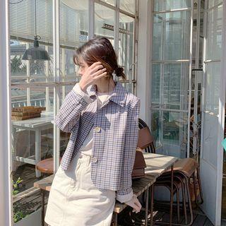 Single-breasted Plaid Jacket Blue - One Size