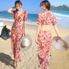 Short-sleeve Floral Print A-line Midi Beach Dress