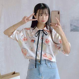 Fruit Print Elbow-sleeve Blouse White - One Size