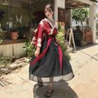 Set: V-neck Flower Print 3/4-sleeve Top + High Waist Midi A-line Skirt