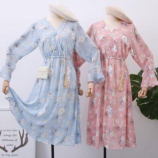 Drawstring-waist Floral Chiffon Dress