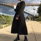Long-sleeve Dotted Midi A-line Dress Black - One Size