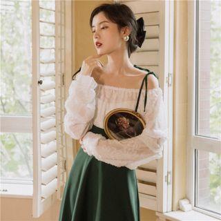 Set: Fringed Trim Blouse + Midi Overall Dress + Tube Top