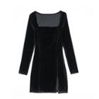 Square-neck Long-sleeve Mini Sheath Velvet Dress