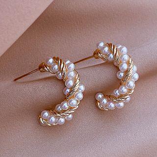 Faux Pearl Twisted Alloy Open Hoop Earring